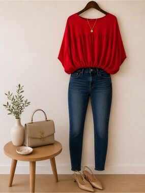 Oddy Red Bubble Hem Dolman Sleeve Blouse | S/M Boutique